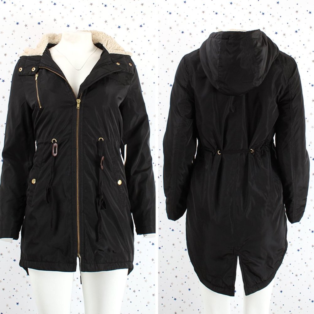 Fur Lined Hood Long Padded Zip Up Jacket Black